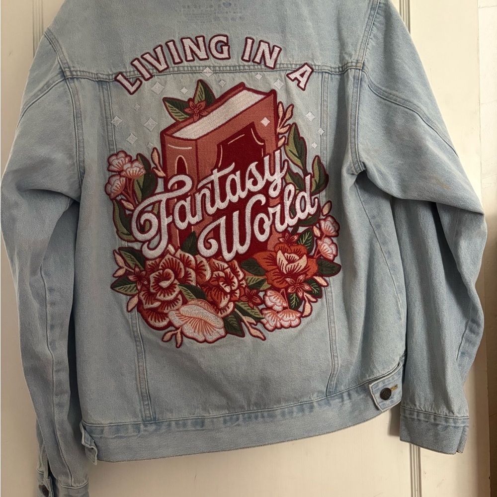 Blissfully bookish embroidered denim jacket